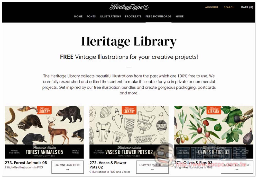 Heritage Library 提供超過 270 組復古插圖素材組合，100% 免費使用，商用個人皆可 - 電腦王阿達