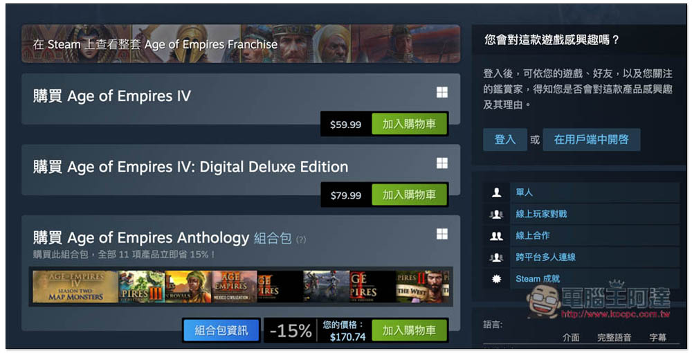 疑似標錯價？《世紀帝國4》台灣 Steam 不到 NT$300（省超過 NT$1,000 ） - 電腦王阿達