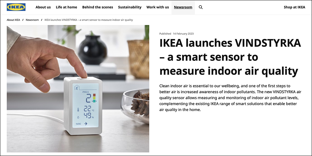IKEA 推出 Vindstyrka 一款外型超 Q 的智慧空氣品質感應器：可偵測室內環境溫度、濕度、PM2.5 與 TVOC - 電腦王阿達
