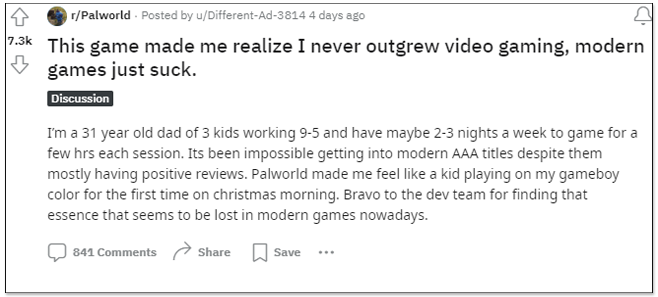 國外 31 歲父親說《幻獸帕魯》讓他找回對遊戲的熱愛，並表示現代 3A 遊戲都很糟糕 - 電腦王阿達